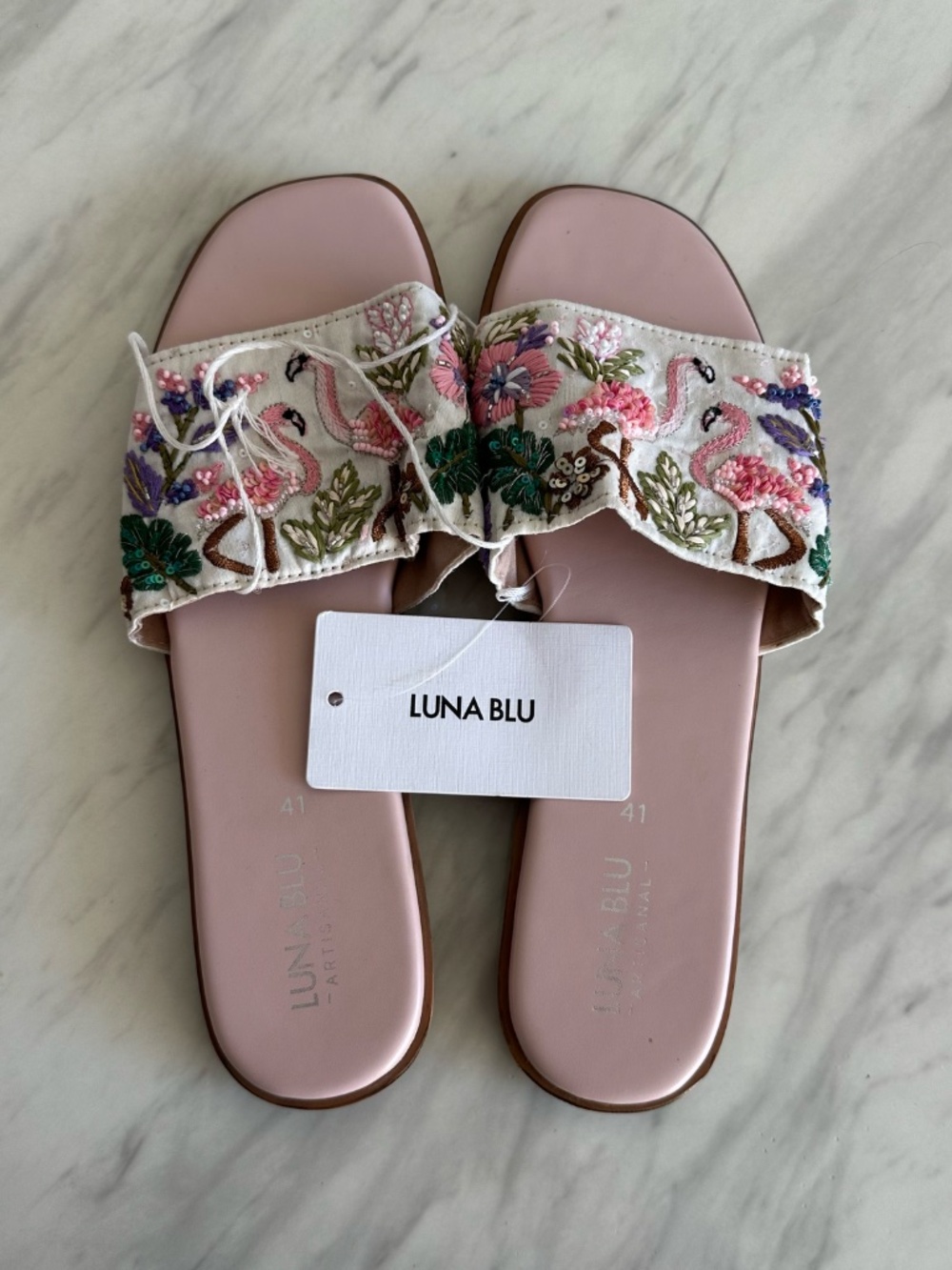 NWT Luna Blu Artisanal Embroidered Flamingo Bead Slide Sandals 41 / 10